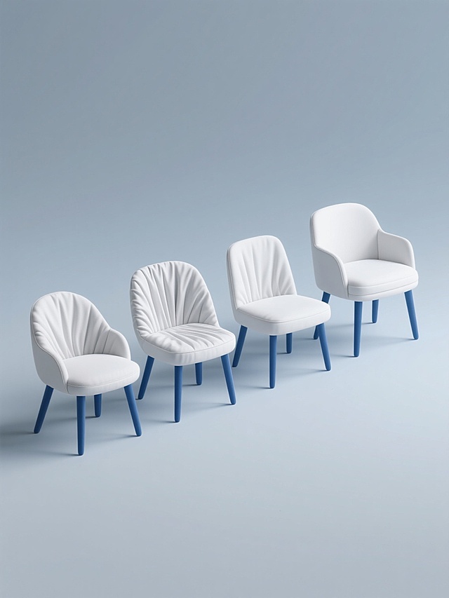 4个不同款式的椅子规整排布，保持3D渲染的写实风格，每个椅子都有白色布料材质的椅面和椅背，带有褶皱细节，蓝色的椅子腿，白色纯色背景，无文字，无logo，无水印，光影柔和，立体感强，材质质感清晰。