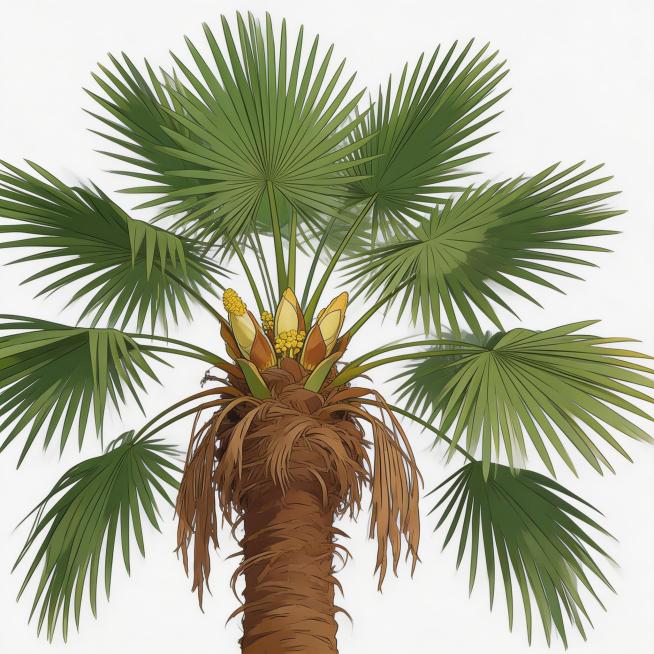 再次严格参考6张实拍图重新生成：保留完整棕榈树结构，树干全部覆盖浓密蓬松的棕褐色老叶残留棕皮，树冠处保留干枯下垂的老叶，叶丛基部正确长出数个带苞片的黄色棕榈花苞，叶片自然错落不规整，完全匹配实拍图的真预览效果