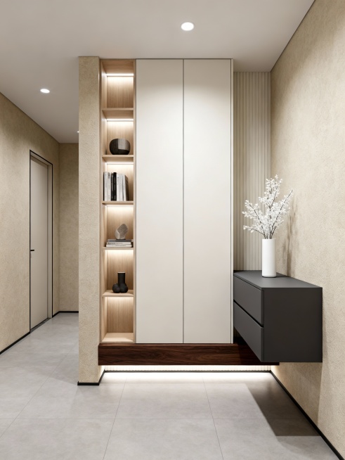 意式风格的入户玄关过渡空间，采用中心对称式构图，以奶白色、深灰色、深胡桃木色与浅米色为核心色调，整体氛围高级克制、温润雅致，兼具视觉层次感与空间过渡性。画面视觉中心是通顶的模块化定制玄关柜，主体为奶白预览效果