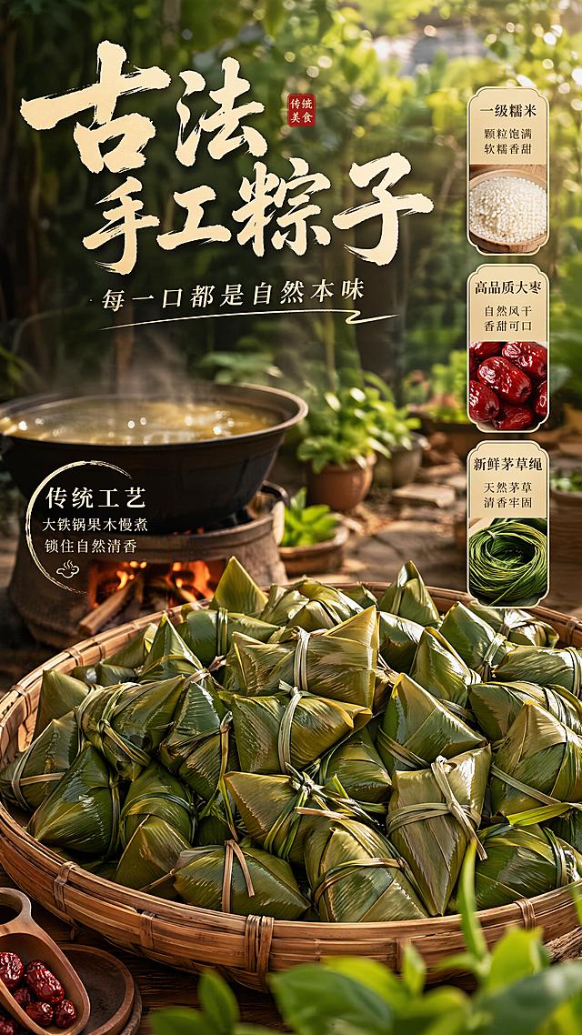 自然户外场景美食海报，主标题“古法手工粽子”，副标题“每一口都是自然本味”，卖点标签分开放置：“一级糯米”“高品质大枣”“新鲜茅草绳”。画面展示大竹筐里满满煮好的粽子，背景虚化户外庭院绿植，自然光从顶侧照射，营造温暖烟火气。版式精美，9:16，清晰展示产品，文字不遮挡主体，突出传统大铁锅果木慢煮的工艺特色。