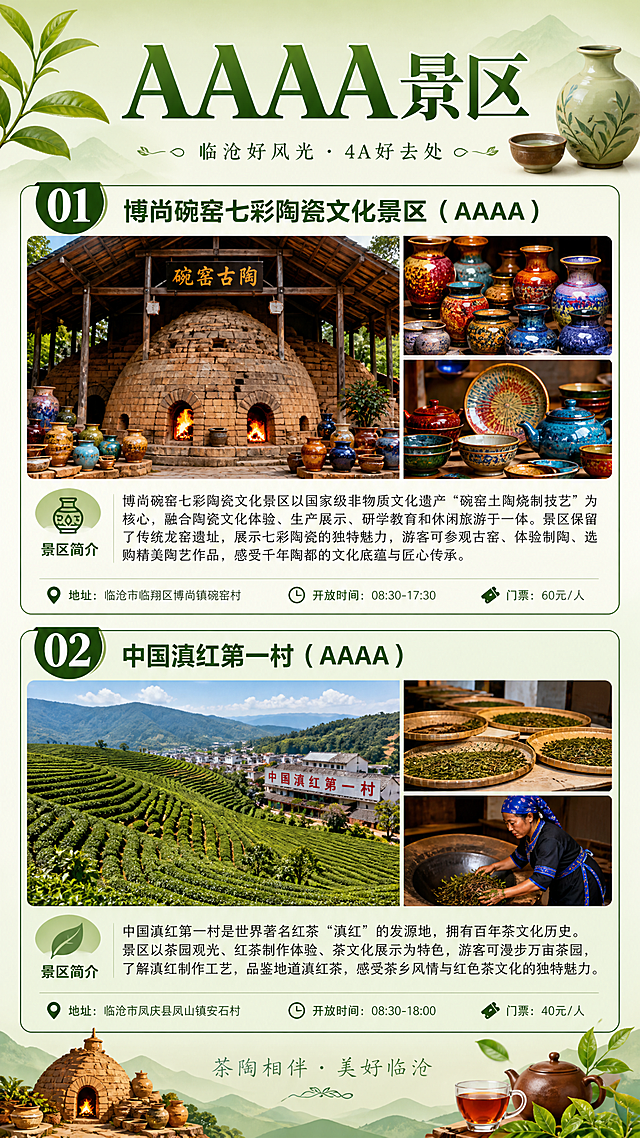 临沧文旅折页第2页-AAAA景区介绍1，竖版14x25cm。标题"AAAA景区"大字在顶部。展示两个景区：01博尚碗窑七彩陶瓷文化景区（AAAA）配陶瓷窑炉和七彩陶瓷制品图片，下方有简介文字区域；02中国滇红第一村（AAAA）配茶园和红茶制作场景图片，下方有简介文字区域。左右分栏或上下布局，每个景区有编号、名称、景区图片、简介文字。背景为淡绿色渐变，点缀茶叶和陶瓷元素装饰。版式精美，信息清晰。画面中所有信息区域必须填充完整合理的内容，不得出现空白框。
