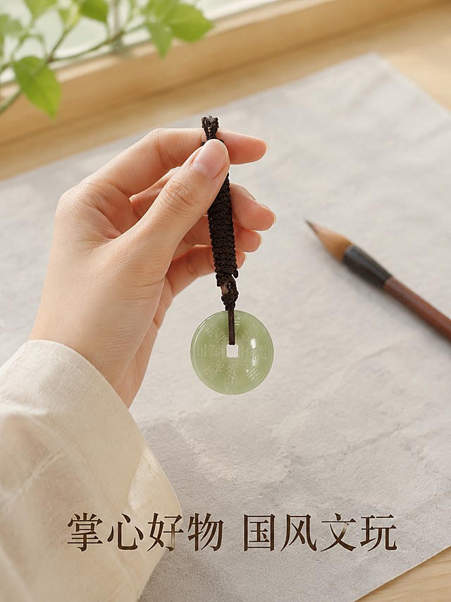 [第5屏] 佩戴展示-手持青黄口山鬼钱挂饰效果。本屏使用【图1】作为商品主体。
[氛围/风格] 真实使用场景，生活化国风氛围，自然亲和质感。
[元素布局] 女生芊芊玉手自然捏持山鬼钱挂饰，产品悬挂在手前，产品结构、颜色、纹理和原图保持一致，背景为浅木色书桌，桌面铺浅灰色宣纸，点缀一支毛笔，营造文房氛围感，产品占比约50%。
[光影质感] 窗边自然柔光，整体明亮通透，产品和手部光影自然柔和。
[配色色系] 全局底色 #EFEAD8；主色浅木色+宣纸灰，深棕绳；辅助色青黄玉质点缀。
[视角构图] 平视视角，人物手部入镜，产品清晰突出，景深自然。
[文字版式] 底部主标题「掌心好物 国风文玩」，文字简洁，不遮挡产品展示。
[比例分辨率] 3:4竖版比例，4K分辨率，文字清晰可辨，高清画质。
[负向提示词] 产品变形，手部畸形，颜色偏差，文字错乱，背景杂乱，水印。