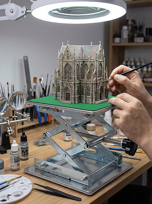 专业微缩模型制作台，小型电动升降架升至合适高度，台面摆放精细建筑模型和工具，顶部环形补光灯，匠人正在涂装细节，特写镜头展现高度调节的精准性 比例3:4