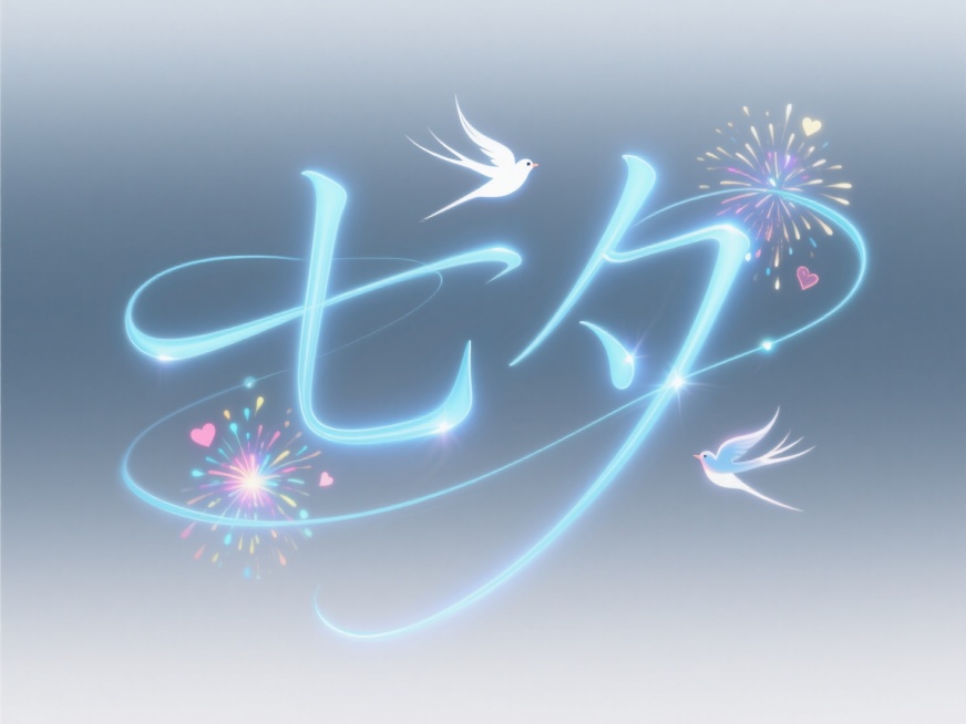 字体为极细线型无衬线体，“七夕”笔画由蓝色激光星轨构成，转折处爆发粒子爱心烟花，字内穿梭全息喜鹊投影，科技感中暗藏东方浪漫，纯色背景，颜色干净预览效果
