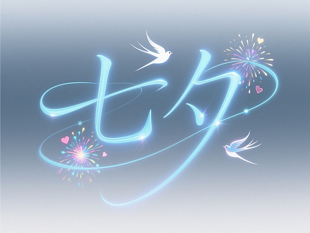 梦幻插画风，大字“七夕”闪耀，烟花与飞鸟点缀，浪漫节日氛围。