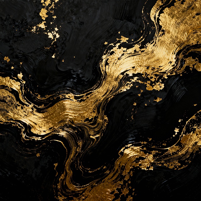 黑底鎏金流动纹理，液态黄金在哑光黑色背景上自然晕染流淌，形成不规则的大理石纹路，金箔质感强烈，笔触细腻有拉丝效果，高对比度，暗调氛围，8K高清，细节丰富