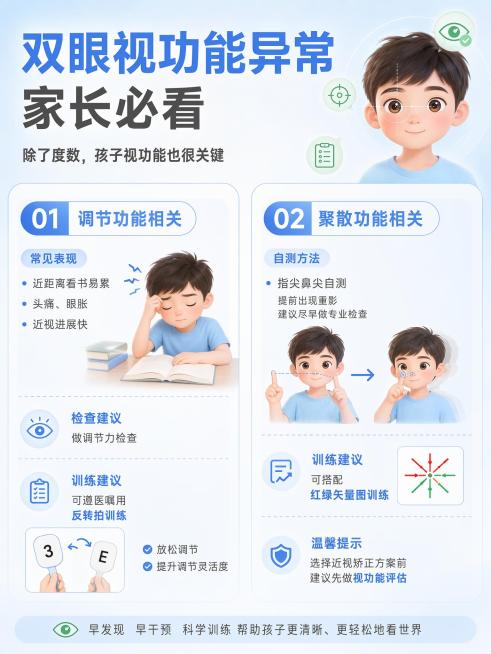 根据用户提供的文案，生成一张内容清晰简洁的科普配图，展示儿童双眼视功能异常的两类科普知识：1、调节功能相关：常见表现为近距离看书易累、近视进展快，需做调节力检查，可遵医嘱用反转拍训练；2、聚散功能相关预览效果