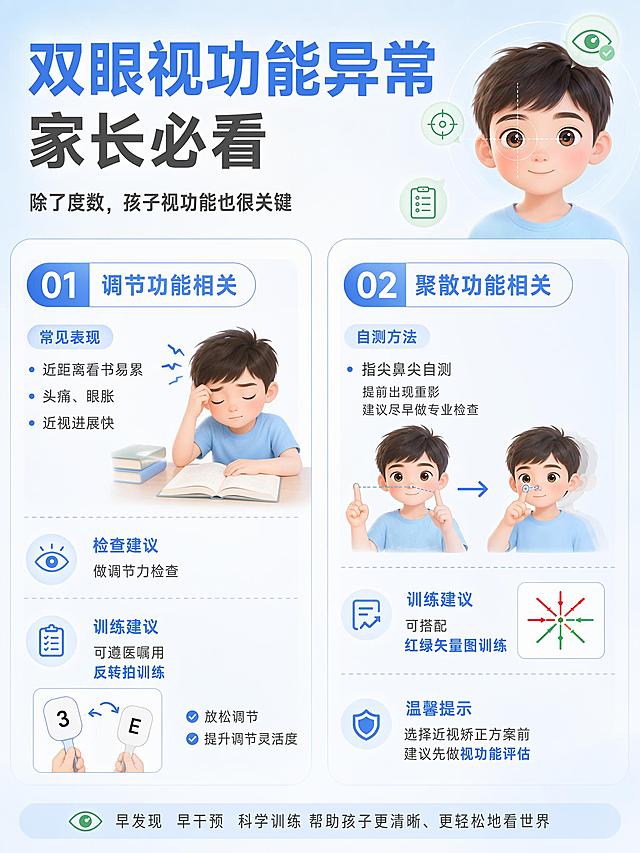根据用户提供的文案，生成一张内容清晰简洁的科普配图，展示儿童双眼视功能异常的两类科普知识：1、调节功能相关：常见表现为近距离看书易累、近视进展快，需做调节力检查，可遵医嘱用反转拍训练；2、聚散功能相关：可通过指尖鼻尖自测，提前出重影建议做专业检查，可搭配红绿矢量图训练，选择近视矫正方案前建议先做评估。保持浅蓝色+白色的干净医疗科普风格，排版分两栏展示两类知识，文字清晰，图标点缀，整体干净通透，符合小红书配图风格，保留原有配色和卡通风格，文字不遮挡主体。