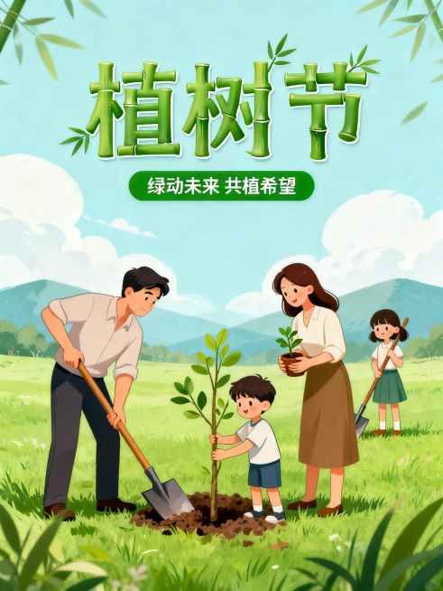 植树节插画海报，绿色竹子造型文字“植树节”，绿色按钮内写着“绿动未来 共植希望”，一片绿色草地上一家四口一起植树，爸爸拿铁锹挖坑，妈妈捧着小树苗，小男孩扶着树苗，小女孩拿着铁锹站在后方，蓝天白云远山，预览效果
