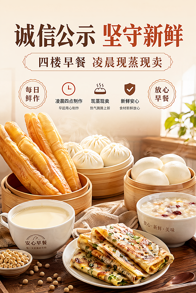 设计一张竖版食堂早餐宣传海报，整体风格暖色系，简洁大气，具有大牌感。海报上方展示主题，主标题文字为"诚信公示 坚守新鲜"，副标题文字为"四楼早餐 凌晨现蒸现卖"，装饰文字为"每日鲜作""放心早餐"，卖点文字为"凌晨四点制作""现蒸现卖""新鲜安心"，所有文字需要清晰可读。海报下半部分展示油条、包子、馒头、煎饼、豆浆、粥品等早餐实景图。写实商业摄影风格，画面分区明确，留白适当，排版精美，整体暖色调，光影柔和，超高清4K画质