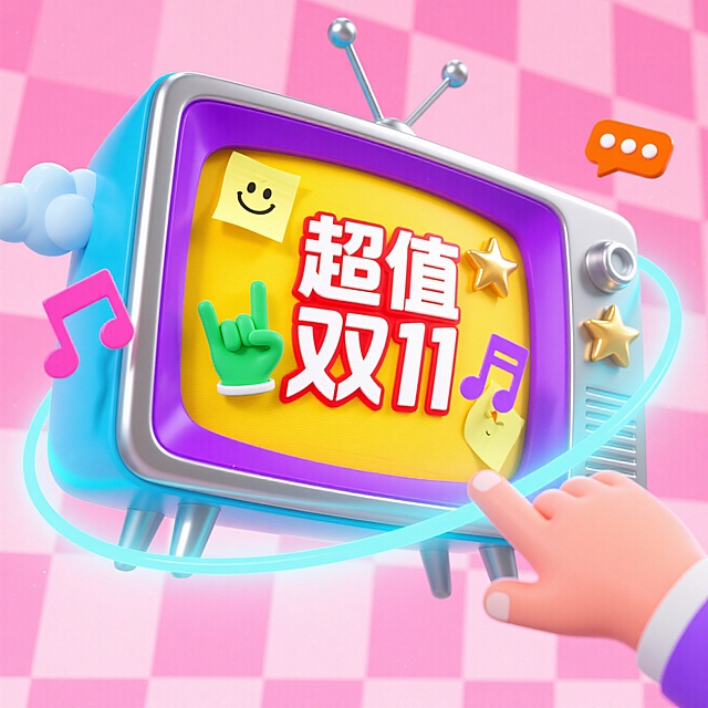 软3D风卡通电视，拟人化手势与粘土质感元素结合，梦幻粉红格纹背景，传递可爱促销感，双11节日氛围浓厚。
