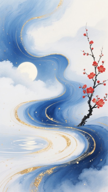 一幅融合古风的抽象水墨风格背景画，以流动的蓝白渐变为主色调，点缀着金色的线条和闪光颗粒，营造出宁静悠远的氛围。画面左侧有一枝红梅，枝干纤细，花朵鲜艳，与背景的柔和色调形成鲜明对比。整体构图采用不对称布局，蓝色的波浪状纹理从右下角向左上方延伸，与白色的云雾状背景自然过渡，展现出飘逸灵动的视觉效果。金色的笔触如同月光洒在水面上，增添了画面的层次感和华丽感，符合古风审美中对意境和韵味的追求。预览效果