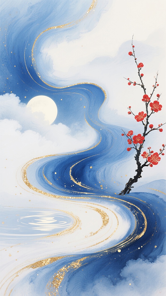 一幅融合古风的抽象水墨风格背景画，以流动的蓝白渐变为主色调，点缀着金色的线条和闪光颗粒，营造出宁静悠远的氛围。画面左侧有一枝红梅，枝干纤细，花朵鲜艳，与背景的柔和色调形成鲜明对比。整体构图采用不对称布局，蓝色的波浪状纹理从右下角向左上方延伸，与白色的云雾状背景自然过渡，展现出飘逸灵动的视觉效果。金色的笔触如同月光洒在水面上，增添了画面的层次感和华丽感，符合古风审美中对意境和韵味的追求。