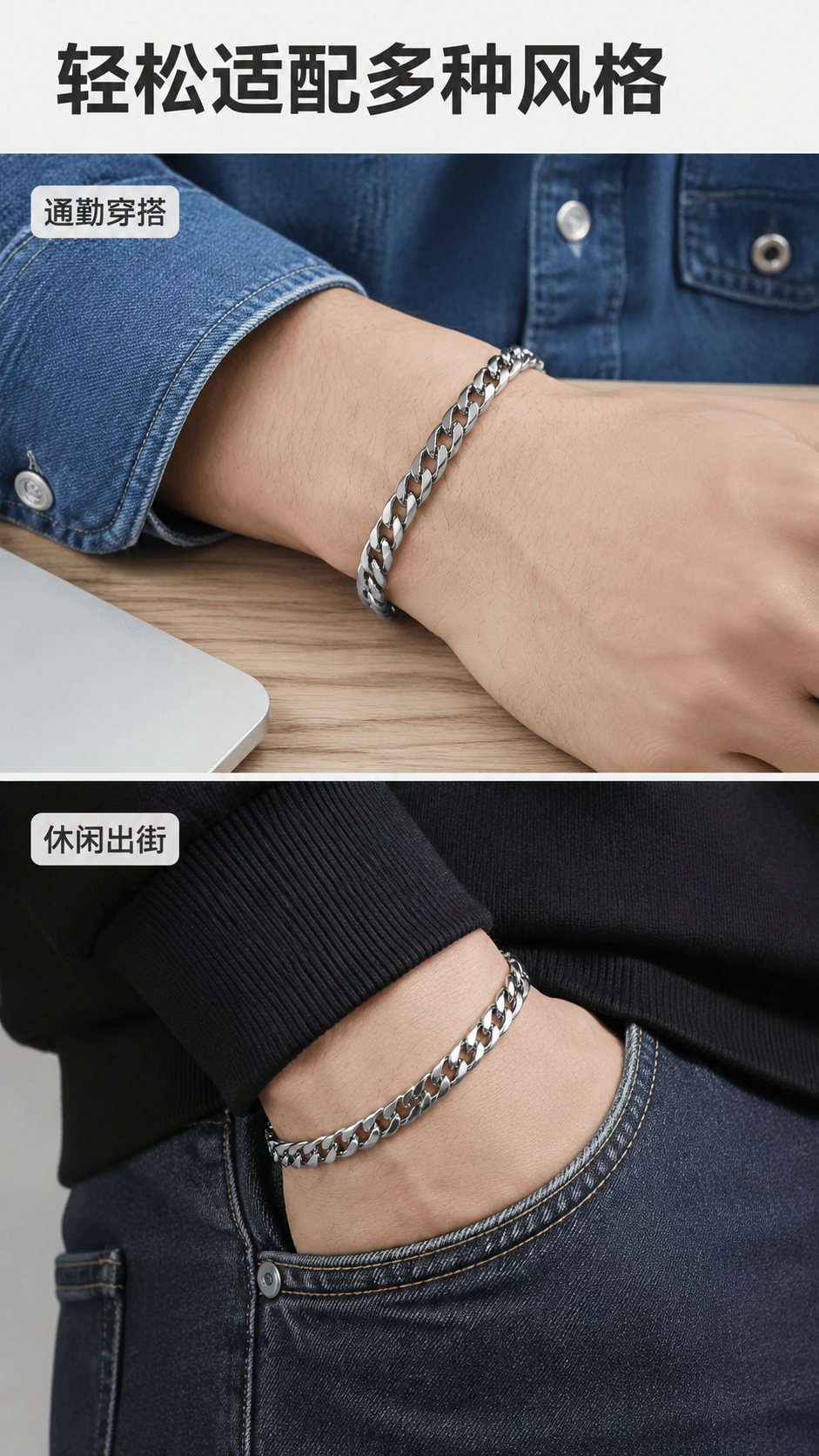 [第2屏] 场景种草图-xxx潮流古巴链男士钛钢手链多场景搭配… - 图片创意预览