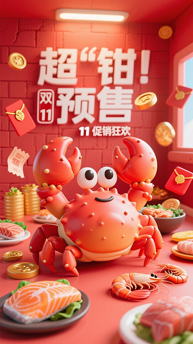 以卡通帝王蟹形象为核心，搭配生鲜美食，带有红包、优惠券、金币等促销元素，墙上有文字“超“钳”预售”，下面有设计感小字“双11促销狂欢”，以红色色调为主的双11促销氛围