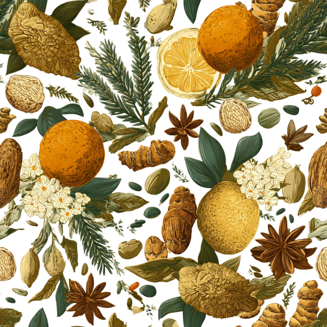 An all-over decorative pattern background for packaging. A repeating pattern incorporates stylized i预览效果