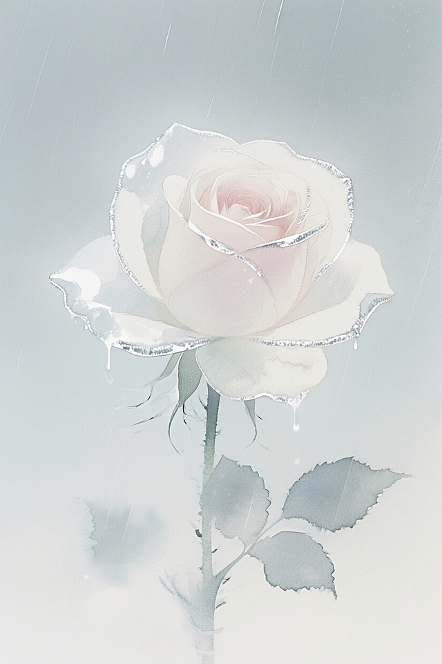 水彩风白玫瑰，鎏银描边，雨中朦胧绽放，梦幻唯美的静谧浪漫。