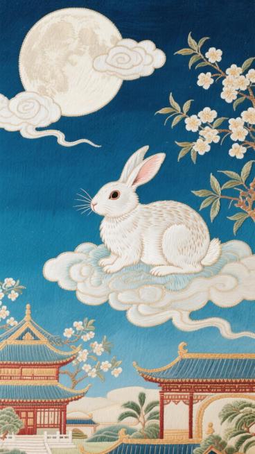 背景是深蓝渐变，画面有满月，主体是玉兔，玉兔下面是祥云，远景是天安门的建筑和桂花预览效果