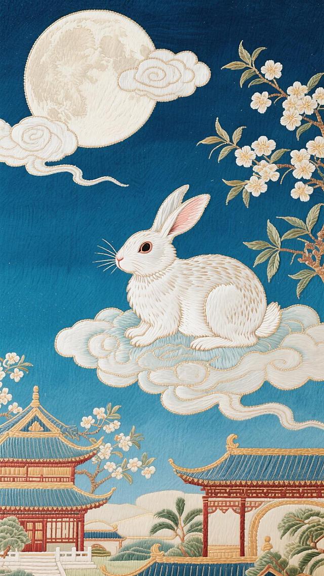 工笔刺绣风格，月宫玉兔栖于祥云之上，古典建筑与梅花点缀，蓝调背景衬托梦幻唯美意境，中秋佳节的优雅诗意跃然眼前。