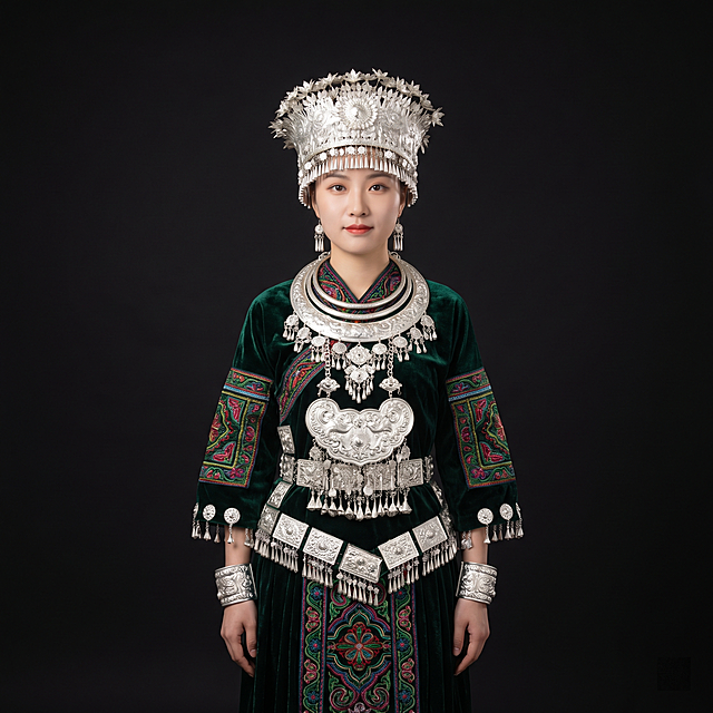 High Definition, Natural Soft Light, Clean Black Background, 1:1 Aspect Ratio, full body front view, Miao ethnic minority ceremonial costume, dark green velvet fabric, full silver accessories set, strict restoration of the original product image including all design details, color, pattern elements, size ratio 1:1