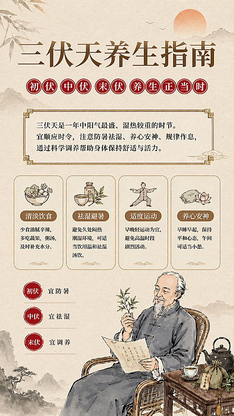 三伏天养生指南传统国风插画手机海报
