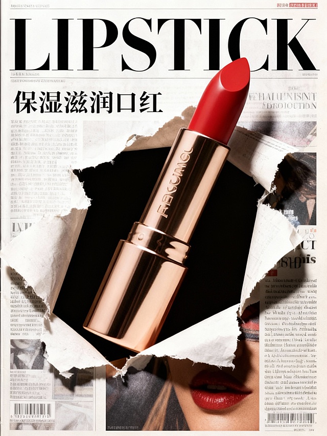 杂志风封面设计，撕纸拼贴手法呈现奢华金属质感口红，时尚感十足，融合保湿滋润主题，视觉冲击力强。