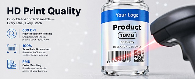 [商品] 使用【图1】【图2】的标签产品，特写标签上的文字和条码/二维码区域，标签文字锐利清晰。旁边有一支扫描枪（或扫码器）正对准标签，扫描枪发出红色/蓝色扫描光线打在标签上，表示正在读取。标签上的条码和二维码清晰可辨。
[画面] P8高清印刷与扫描性能。目标：证明印刷清晰度和扫描通过率，解决客户对扫描失败的担忧。构图：左文右图，左侧约40%为文字说明+3个性能指标，右侧约60%为标签特写+扫描枪扫描场景。标签占据画面视觉中心，扫描光线明显，体现高速扫描。背景浅灰#F0F2F5，有轻微的科技光点装饰。
[视觉] 套系策略：风格=亚马逊高级A+ 浅灰专业医药包装风 / 跨境极简高级商业摄影；标题字=现代无衬线超粗体；正文字=简洁无衬线体；主色=浅灰#F0F2F5；背景延展=浅灰渐变+细腻颗粒+微妙科技光点；强调色=产品亮蓝色（用于图标、数据数字）；标题色=深藏青近黑；正文色=中深灰；组件=蓝色性能数据数字、图标列表；光影=扫描光线作为视觉焦点，整体光线柔和，标签文字锐利。
[文字] 左侧顶部大标题"HD Print Quality"，副标题"Crisp, Clear & 100% Scannable — Every Label, Every Batch"。下方三个性能点：1. 放大镜图标 + "600 DPI High-Resolution Printing" + "Sharp text, fine lines & precise color registration"；2. 条码扫描图标 + "100% Scan Rate Guaranteed" + "Barcodes & QR codes verified before shipment"；3. 色卡图标 + "PMS Color Matching" + "Brand-consistent color across all your batches"。右侧扫描场景中无额外文字。所有文字横排，英文地道。
[规格] 亚马逊高级A+ Web端 61:25横版，4K分辨率，负向提示：避免标签文字模糊、扫描枪不真实、中文出现。