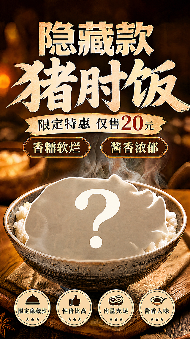 在原图基础上修改，将碗中模糊的食物替换为白色猪肘饭轮廓，并在轮廓中间位置放置一个大大的白色问号，营造神秘隐藏款的氛围，整体风格、色调、排版和所有文案均保持不变，依旧为写实商业摄影风格的餐饮促销竖版海报，暖光光影，渐变暖棕色背景，排版精美，层次分明，文字清晰可读，9:16竖版，4K超高清
