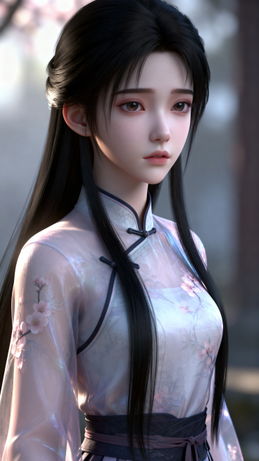 国风，清纯温婉少女，盛世容颜，可爱精致干净面容，黑色长发，体型苗条，优雅，身着中式服装，桃花眼，神情忧郁，肌肤白如玉，唯美风，梦幻修饰，柔和色彩，虚幻引擎效果，自然光，CG风格预览效果