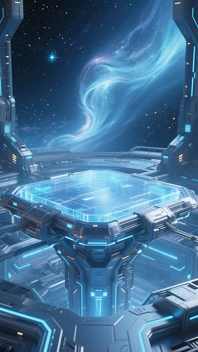 未来感3D设计，科技金属风平台悬浮于液态星云中，虚拟现实空间探索。