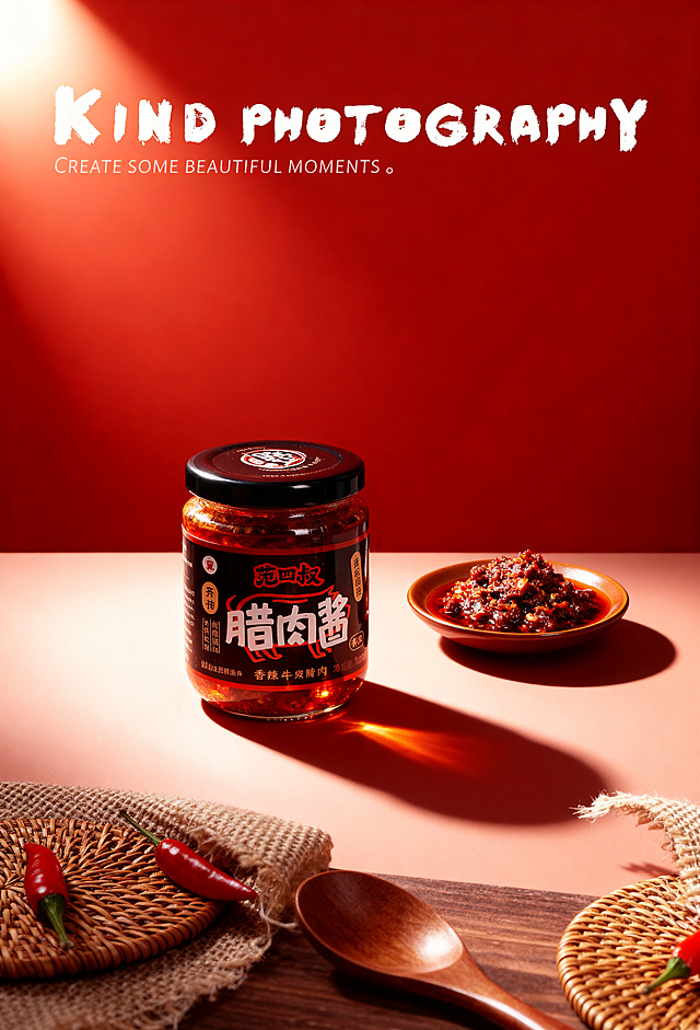将图片https://0.jpg中的吉味颂香辣牛肉酱瓶子和装有牛肉酱的棕色小碟子，自然融合到图片https://1.png的红色复古风酱料海报场景中。1. 保持吉味颂品牌Logo和标签文字完全原样不变，瓶子物理结构无扭曲，牛肉酱的颗粒质感真实。2. 匹配背景图的左上方光源，在产品上生成对应受光面和背光面，向右下方投射符合近实远虚规律的投影。3. 玻璃罐身反射出背景的红色环境色，小碟子边缘添加柔和的环境色漫反射效果，消除抠图边缘痕迹。4. 替换掉原场景中的范四叔腊肉酱产品，保留场景中原有的小米辣、麻布、木勺、竹编等道具，整体保持温暖复古的美食海报氛围，通透柔和的光影，视觉重心在牛肉酱产品上。