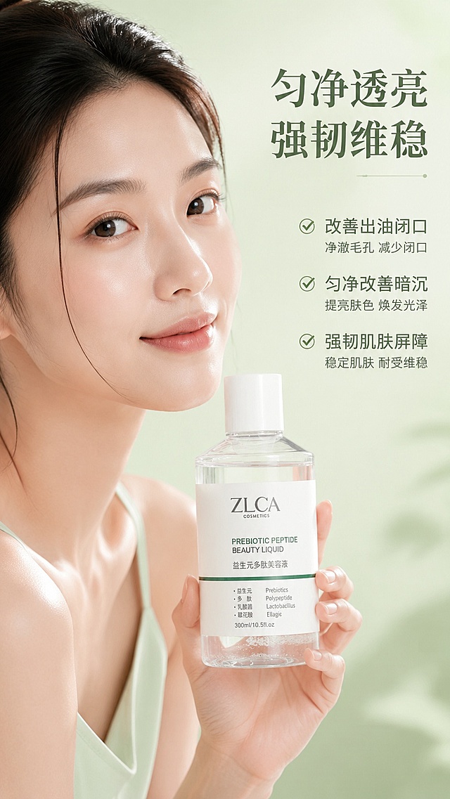 [第6屏] 真人效果展示屏-益生元多肽美容液使用后肌肤状态展示。本屏使用【图1】作为商品主体。
[氛围/风格] 自然氛围感，亚洲女生真实护肤场景，柔和光影，商业人像质感。
[元素布局] 模特半侧脸部展示，手部轻托产品瓶身，产品和模特同框，产品占比约25%，模特脸部肌肤占比约50%。瓶身外观与输入产品图一致。背景为简约浅绿渐变，突出肌肤清透状态。
[光影质感] 柔侧光打亮脸部肌肤，突出肌肤光泽通透感，阴影柔和，整体氛围干净温馨。
[配色色系] 全局底色 #EFF5F1；主色浅绿渐变+自然肤色，辅助色深绿产品文字。
[视角构图] 半身人像构图，产品融入场景，人物偏左产品偏右，视觉重心平衡。
[文字版式] 右上角主标题「匀净透亮 强韧维稳」，下方三个点标注核心效果：改善出油闭口、匀净改善暗沉、强韧肌肤屏障，文字不遮挡模特脸部和产品主体。
[比例分辨率] 9:16竖版比例，4K分辨率，文字清晰可辨，高清画质。
[负向提示词] 瓶身变形，模特脸部变形，文字遮挡主体，颜色偏差，水印