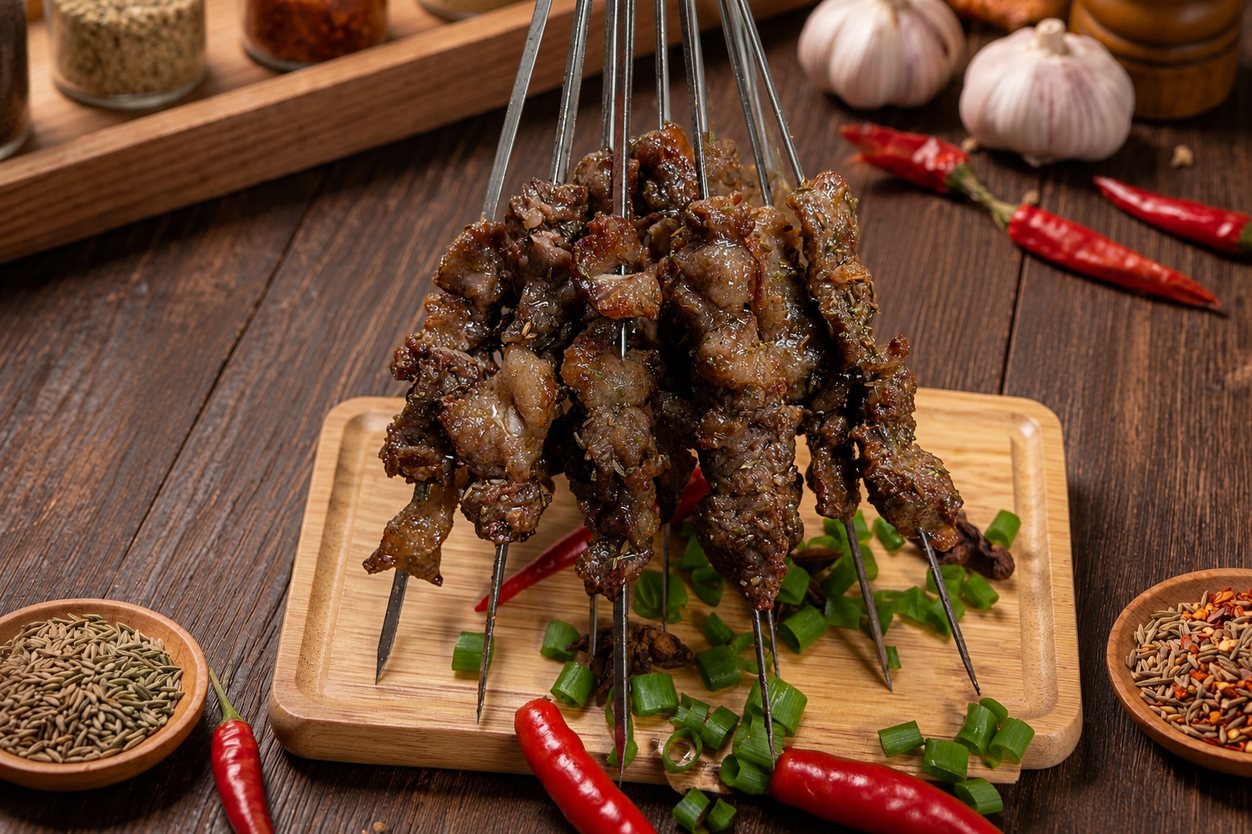 保持原图的烤串、配料和竹制餐盘不变，更换背景为参考图一致的深木… - 图片创意预览