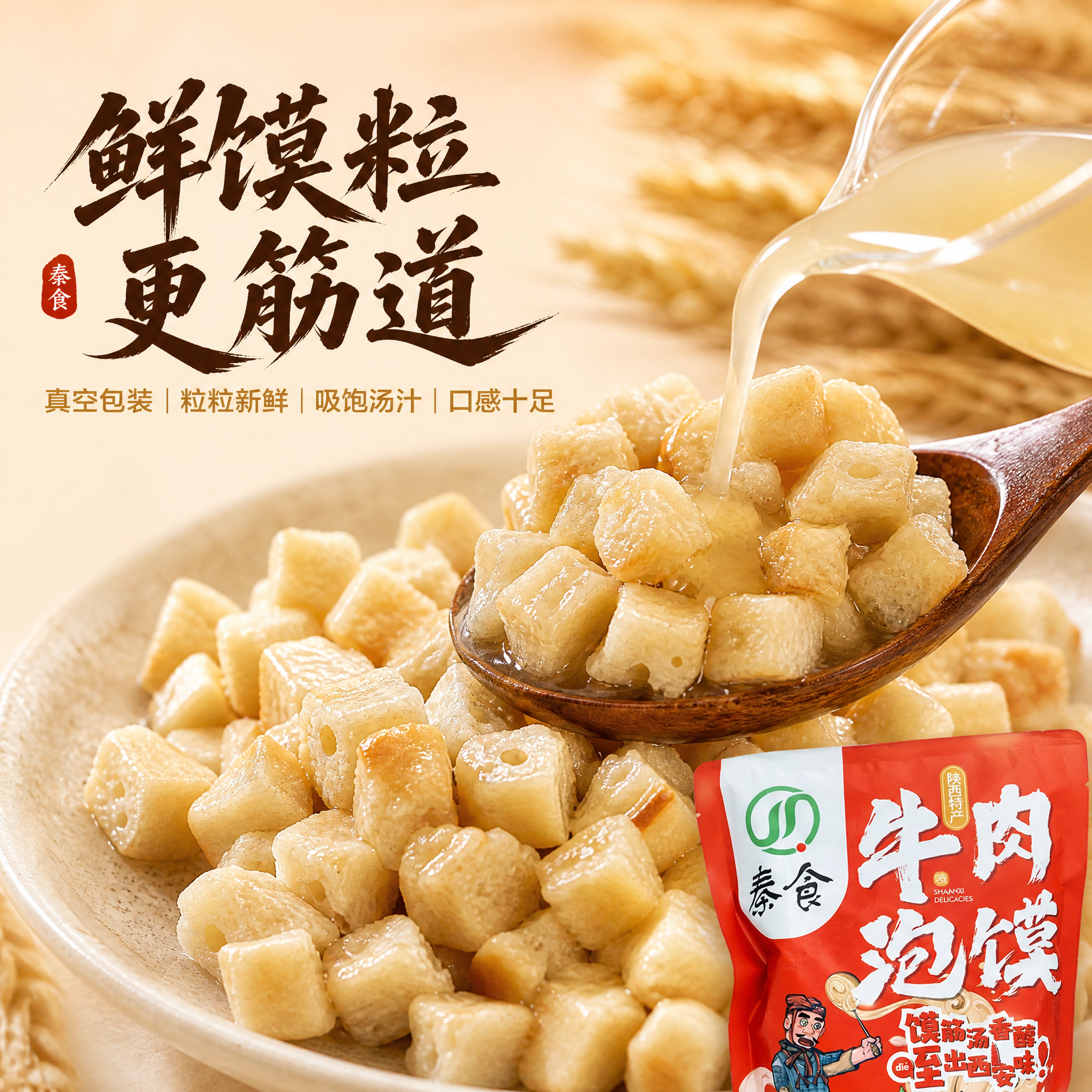[主图-6] 秦食牛肉泡馍 鲜馍粒特写 筋道口感展示。 [统一… - 图片创意预览