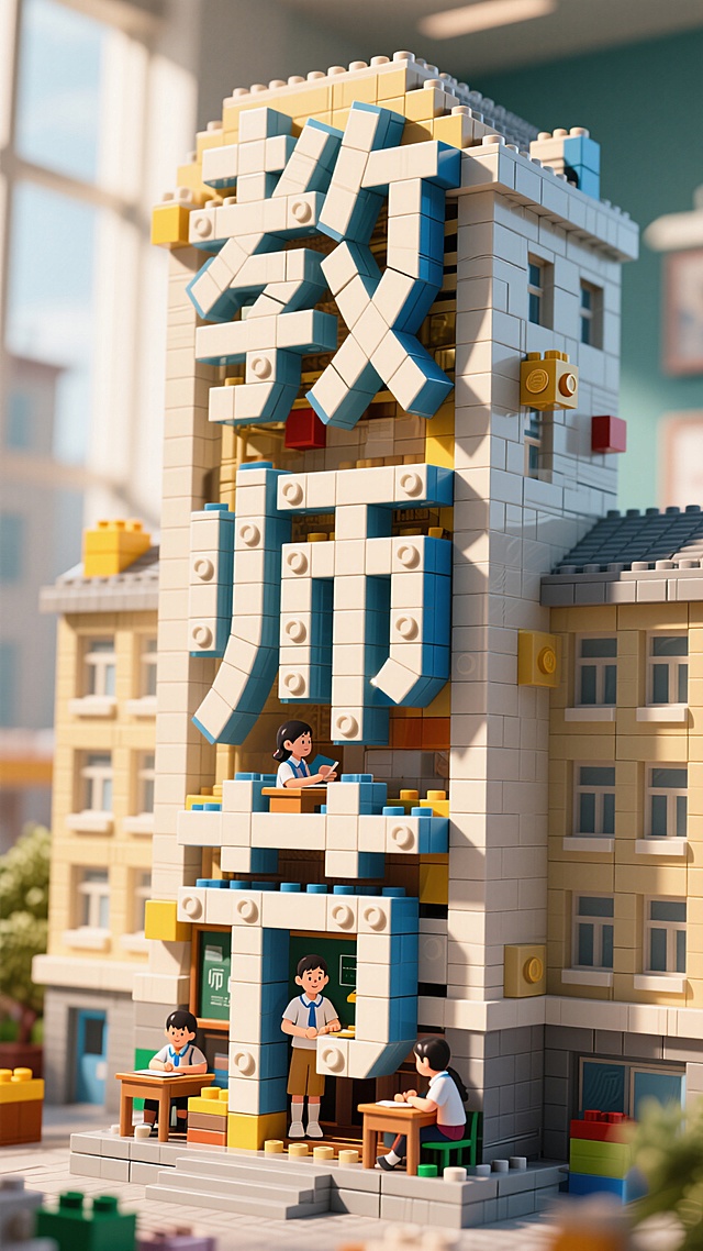 这张教师节作品以乐高积木搭建出创意场景，“教师节”三字与建筑相融，呈现3D立体风格。积木块的拼接如同教师的教学，将知识与创意一块块搭建进学生的成长中。画面里的师生互动场景，鲜活展现了校园的温暖日常。这种设计融合乐高元素与建筑风格，色彩鲜明且充满艺术感，灵感在于以童趣化的积木构建，象征教师用创意与耐心，为学生搭建知识的城堡、成长的乐园，在教师节之际，传递出对教师搭建人生基石的感恩与赞颂。