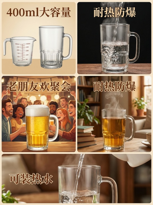 根据这张图片帮我生成一套3:4电商详情图，要求文件大小不超过3M.体现出400毫升大容量，耐热，可以喝酒，泡茶，可以热水预览效果