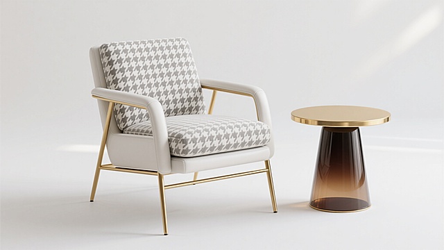 一张现代简约风格的家居素材图片，主体是一把带有扶手的单人休闲椅，椅子靠背和坐垫部分采用灰白千鸟格图案的布艺材质，扶手和椅腿则是白色皮革包裹搭配金色金属支架，呈现出优雅的线条感。椅子旁边是一张设计独特的小圆边几，边几桌面为金色圆形金属，底座是渐变深棕色的玻璃材质，整体造型简约而不失精致。画面采用纯白色背景，光线明亮柔和，营造出干净、整洁、通透的氛围，没有任何多余装饰元素，适合作为家居设计、室内搭配的素材使用，色调以灰白、金色和深棕色为主，色彩搭配和谐统一，具有现代轻奢的设计感。