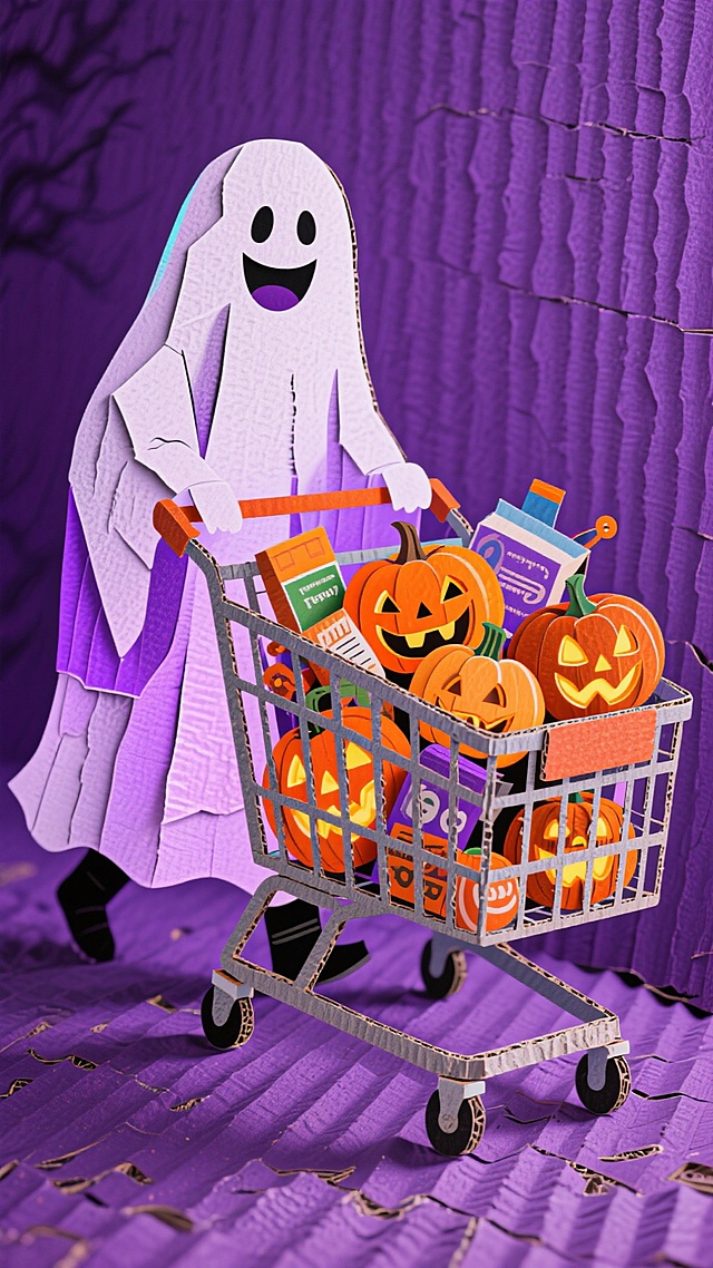 一位推着装满商品购物车、面带笑容的幽灵走到店铺里购买南瓜灯，充满活力与欢乐感，紫色背景