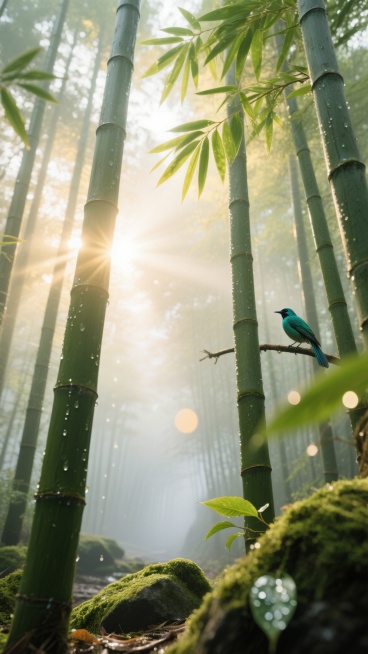 逆光仰拍，晨雾弥漫的古老竹林深处，数十根挺拔修长的青竹直刺天际，竹竿上布满岁月沉淀的苍劲竹节纹理，凝结着晶莹的晨露正沿着深绿色竹身缓缓滑落，顶端的嫩绿色竹叶在金色阳光的穿透下呈现半透明质感，阳光透过叶隙形成千万道金色光束与圆形光斑，地面覆盖着青苔的岩石上散落着几片带着露珠的竹叶，远处竹林边缘有一只羽毛呈蓝绿色的翠鸟正静止在竹枝上，空气中漂浮着微小的尘埃与水汽，整体色调由翡翠绿、晨露白与朝阳金构……预览效果
