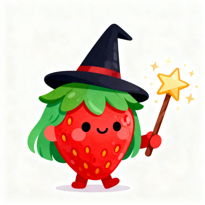 Q版卡通风格，拟人化的草莓形象，戴着魔法帽，拿着魔法棒，魔法风格，白色背景预览效果