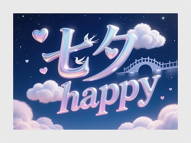 立体浮雕文字"七夕happy"，穿插爱心云纹与鹊桥剪影，银粉渐变配色，深蓝夜空背景。