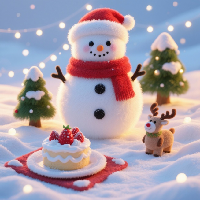 主体：毛绒雪人（白绒面料填棉，红绒围巾、黑绒纽扣，头顶毛绒圣诞帽）；点缀：毛绒雪地场景（浅白长绒铺地，模拟积雪），周围立 2 个迷你毛绒圣诞树、1 个小毛绒驯鹿；甜品：1 块毛绒圣诞蛋糕（表层是白绒奶预览效果