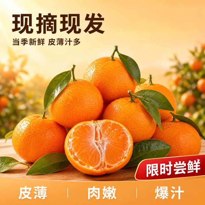 [主图-1] 新鲜橘子促销首图，鲜甜多汁现摘橘子。
[氛围风格] 自然清新食欲风，新鲜果园氛围感，商业生鲜摄影质感。
[画质] 商业摄影质感、光线柔和通透、产品清晰真实、画面干净高级。
[元素] 多个预览效果