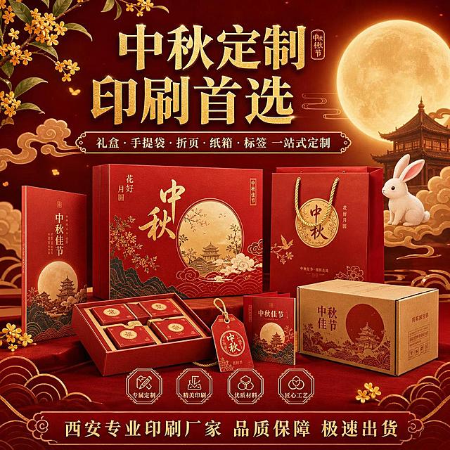 中秋定制印刷宣传朋友圈海报，中国风国潮风格，深红色与金色主色调。画面中央展示精美的中秋礼盒、手提袋、折页手册、纸箱、标签等印刷品实物，错落有致地摆放。背景有圆月、祥云、桂花、玉兔等中秋元素，营造浓厚节日氛围。上方有醒目大字标题"中秋定制 印刷首选"，下方有副标题"礼盒·手提袋·折页·纸箱·标签 一站式定制"，底部有"西安专业印刷厂家 品质保障 极速出货"字样。整体画面高端大气，商业宣传感强，适合朋友圈正方形发布，细节精致，光影柔和