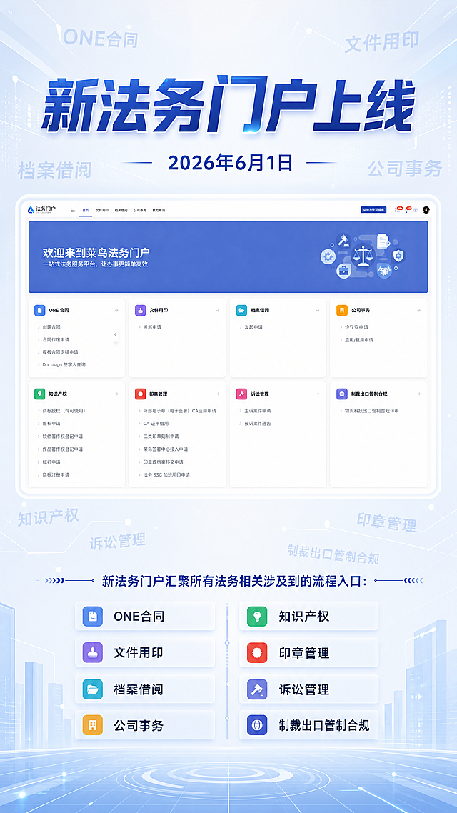 1080*1920竖版海报，标题为"新法务门户上线"，标题字体有科技感，加入上线时间"2026年6月1日"。淡蓝色科技感不浮夸背景，将用户上传的法务门户首页图片自然融入海报，保持上传图片内容和尺寸不改变，该图片占海报三分之一面积，剩余三分之二区域清晰放置文案。文案内容清晰显示："新法务门户汇聚所有法务相关涉及到的流程入口：
ONE合同
文件用印
档案借阅
公司事务
知识产权
印章管理
诉讼管理
制裁出口管制合规"。海报背景添加淡蓝色高透明度科技感文字"ONE合同"、"文件用印"、"档案借阅"、"公司事务"、"知识产权"、"印章管理"、"诉讼管理"、"制裁出口管制合规"，文字从海报中心内容边缘向海报四周发散。所有图片和文案必须清晰不模糊，不得改变上传图片内容和尺寸。
