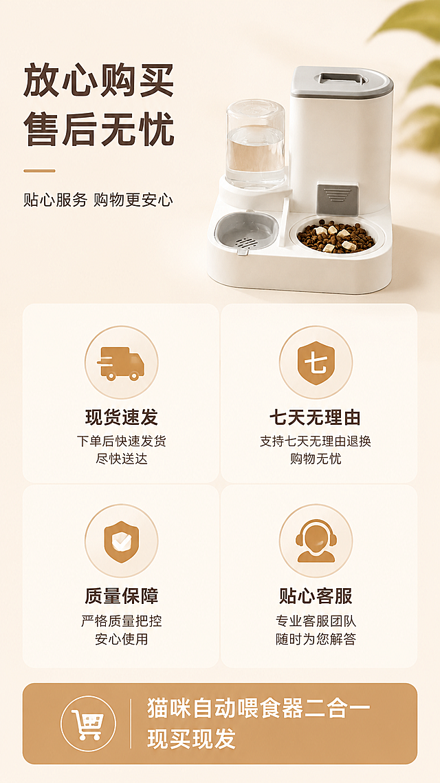 「图片1」生成一套详情页，商品名称是猫咪自动喂食器二合一，适配拼多多平台，单图比例为9:16，需求屏数为8张。