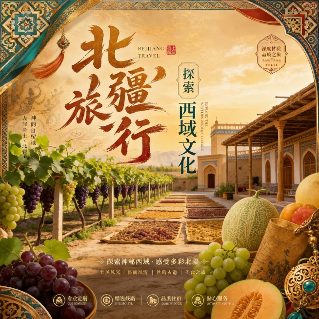 设计北疆旅游宣传广告，中文排版，尺寸1200px×1200px，针对境外游客，延展参考图片的国潮西域风格，融入民族饰品装饰元素，展示葡萄沟西域风情，暖金色调搭配民族特色配色，突出瓜果之乡主题预览效果
