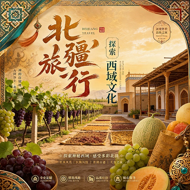 设计北疆旅游宣传广告，中文排版，尺寸1200px×1200px，针对境外游客，延展参考图片的国潮西域风格，融入民族饰品装饰元素，展示葡萄沟西域风情，暖金色调搭配民族特色配色，突出瓜果之乡主题