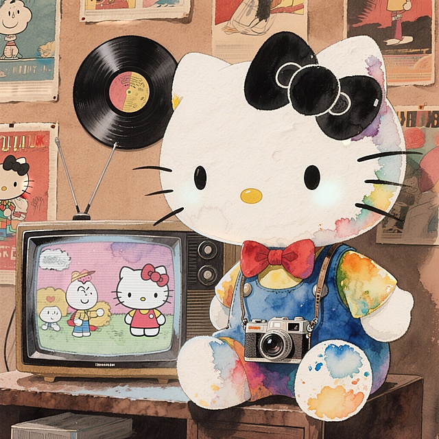Hello Kitty头像，1:1比例，戴着复古黑胶唱片造型的蝴蝶结，脖子挂着迷你相机，坐在老式电视机上，屏幕里播放着卡通片，背景是复古海报墙，暖棕色调，怀旧氛围感，8K高清，无水印