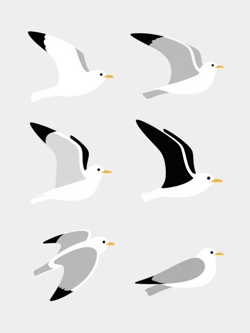 白色背景上，六只不同样式、不同风格、不同材质的海鸥整齐排列，它们整体呈现简约的扁平化设计风格，主色调为白色并搭配黑色的翅膀尖端，每只海鸥都有着流畅的线条和简洁的形态，展现出轻盈灵动的氛围，视觉上给人一种干净、整齐且富有设计感的体验，就像精心设计的装饰图案一样和谐地组合在一起。预览效果